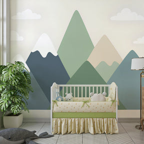 Mountain landscape wallpaper in modern kids bedroom with soft cloud details and calming colors
