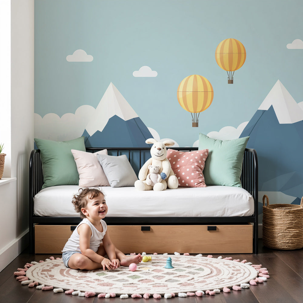 Blue mountain mural wallpaper with hot air balloons in modern nursery by Kids-Mundo
