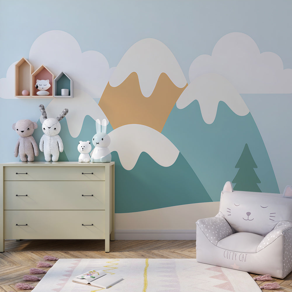 Alpine landscape wallpaper creating serene kids bedroom decor with fluffy clouds and green trees