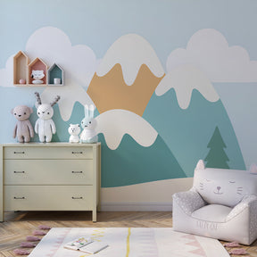 Alpine landscape wallpaper creating serene kids bedroom decor with fluffy clouds and green trees
