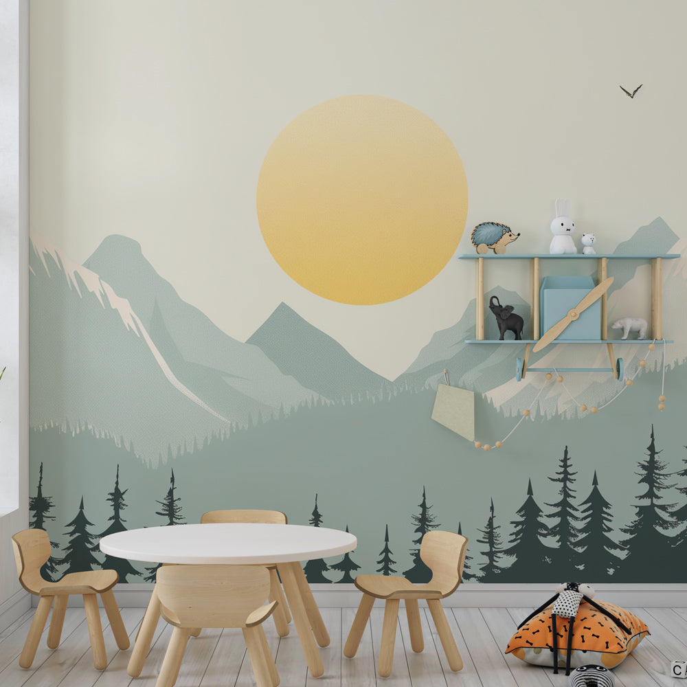 Peaceful mountain landscape wallpaper transforming kids bedroom into nature sanctuary