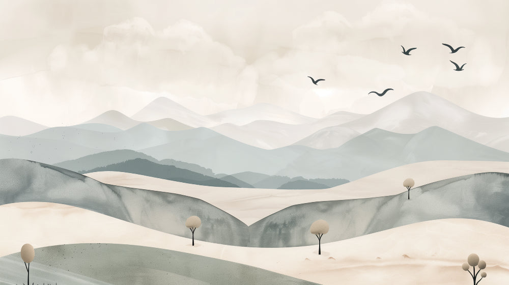 Detailed pastel mountain mural wallpaper design pattern with flying birds by Kids-Mundo