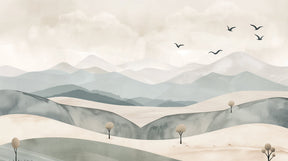 Detailed pastel mountain mural wallpaper design pattern with flying birds by Kids-Mundo