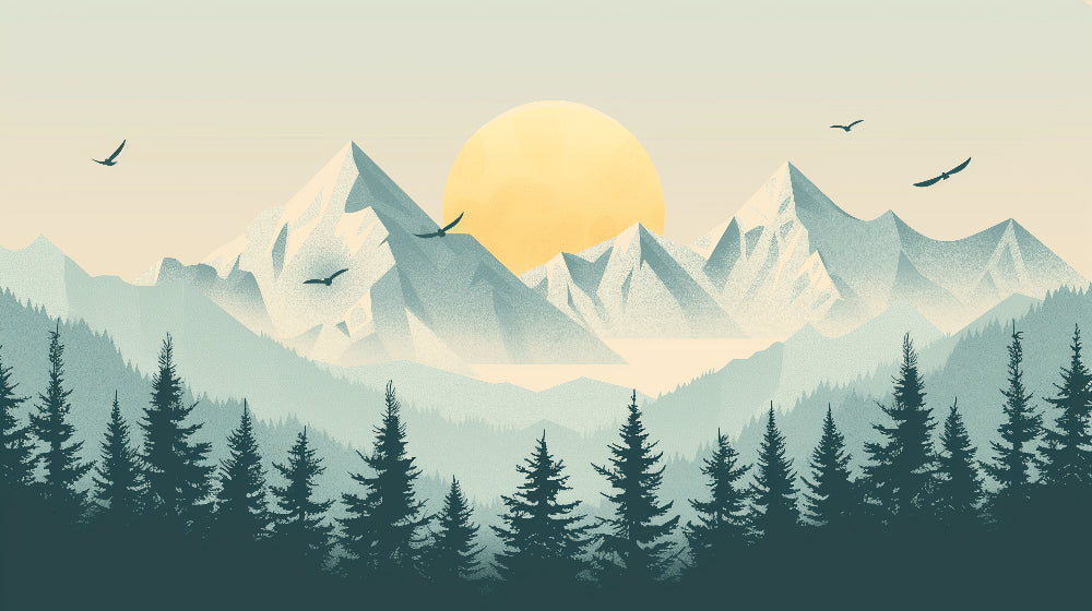 Detailed mountain mural wallpaper design pattern showing blue peaks and golden sun by Kids-Mundo