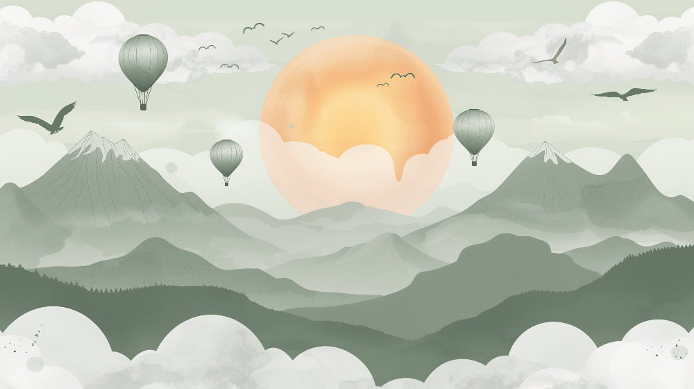 Detailed mountain peaks and hot air balloons mural wallpaper design pattern by Kids-Mundo