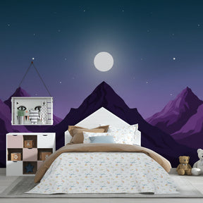 Moonlit mountain mural wallpaper creating serene atmosphere in toddler room by Kids-Mundo