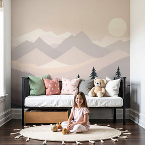Geometric mountain mural wallpaper with pastel mist in modern nursery by Kids-Mundo