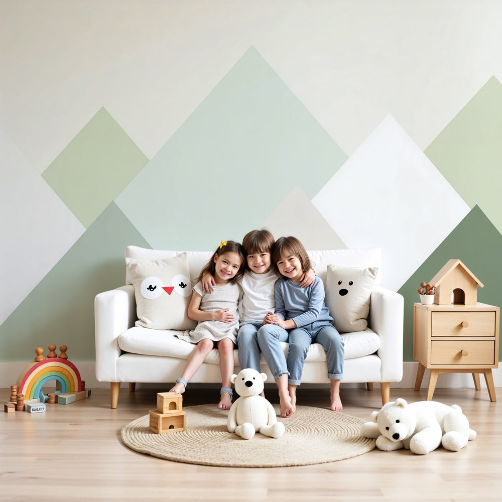 Geometric mountain mural wallpaper in pastel nursery with Nordic decor by Kids-Mundo