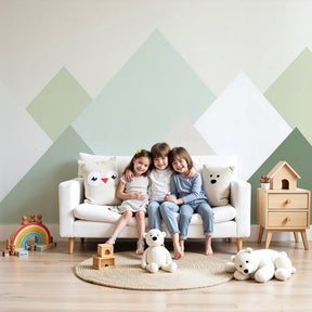 Geometric mountain mural wallpaper in pastel nursery with Nordic decor by Kids-Mundo