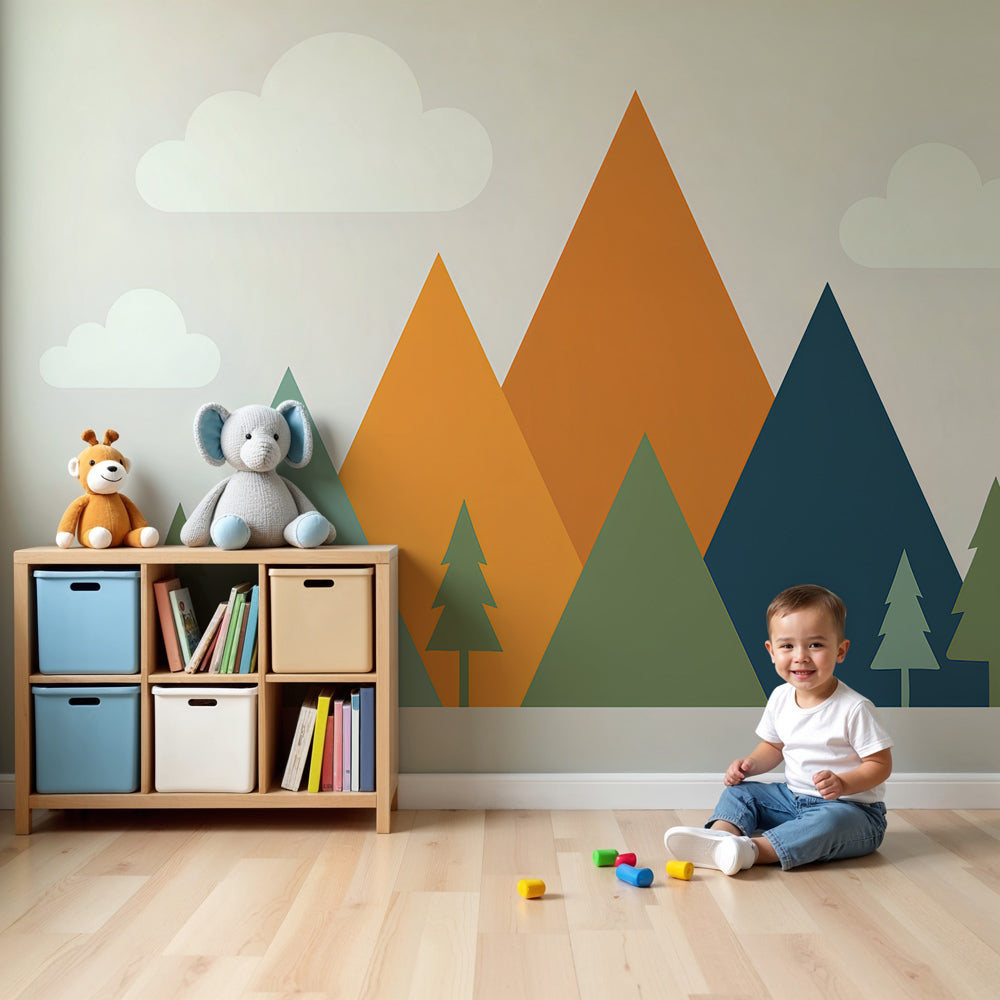 Colorful geometric mountain mural wallpaper in modern kids bedroom by Kids-Mundo