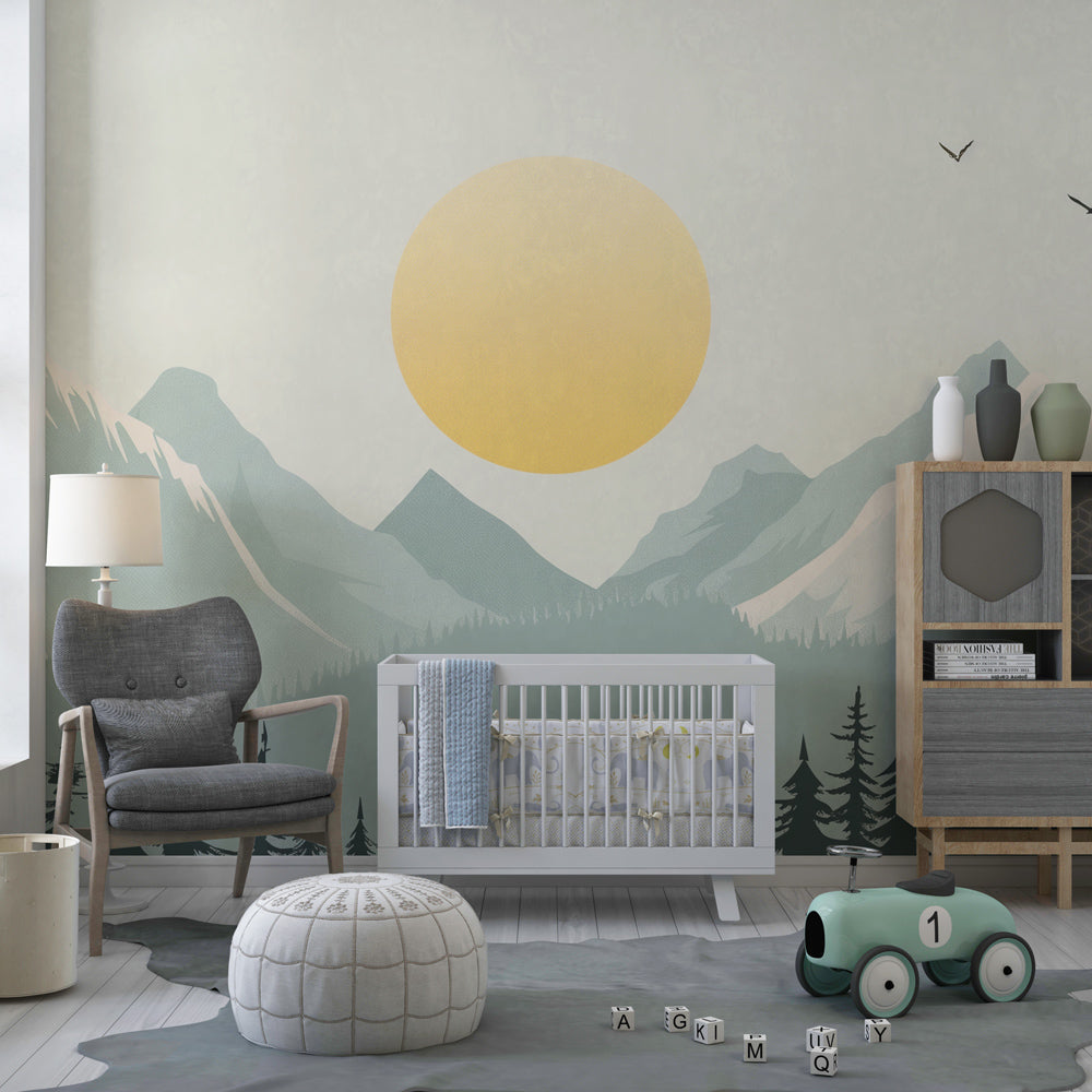 Serene mountain peaks mural wallpaper with soft green tones for children's room decor
