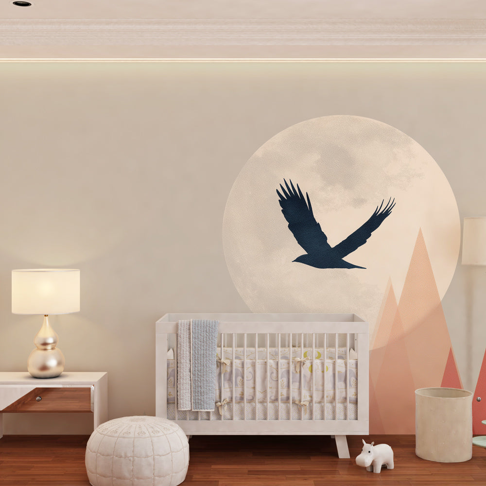 Colorful mountain landscape wallpaper creating adventure theme in children's bedroom