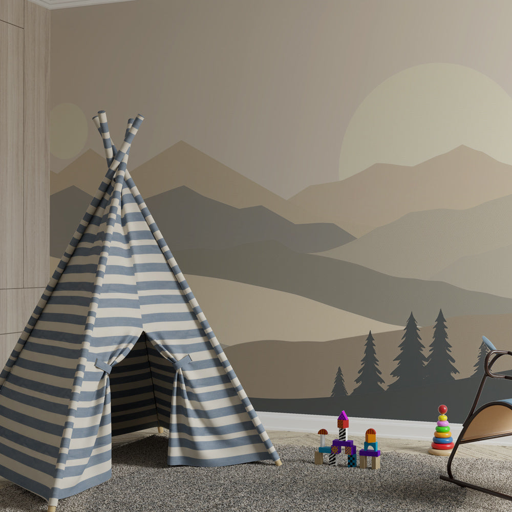 Beige mountain wallpaper creating calming atmosphere in children's bedroom decor