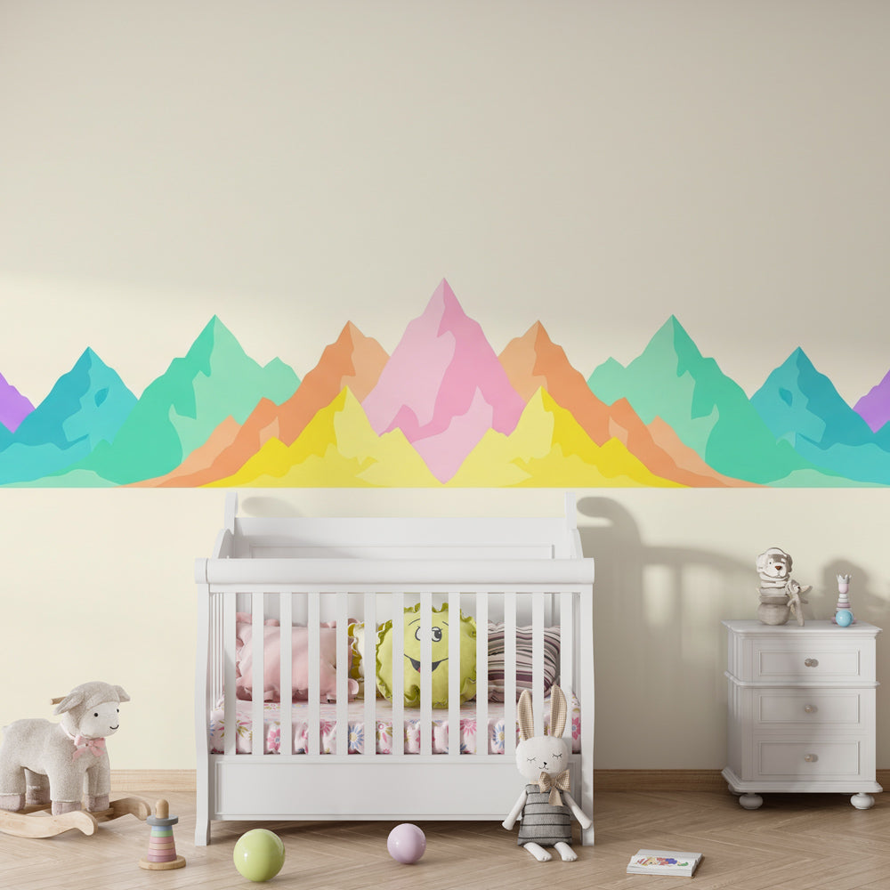 Mountain wallpaper creating adventurous kids bedroom decor with pastel peak design