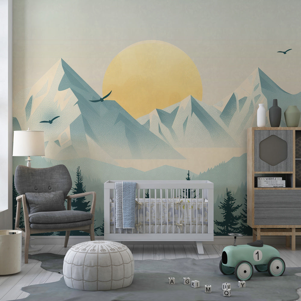 Majestic mountain wallpaper transforming modern children's bedroom with blue peaks and golden sun