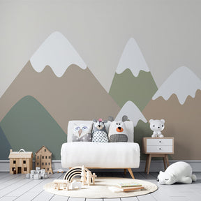 Mountain wallpaper in children's bedroom with soft green and beige tones for peaceful decor