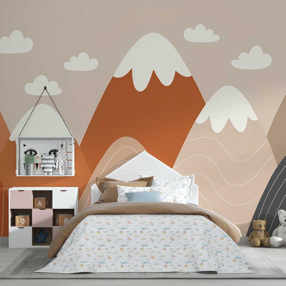 Mountain landscape wallpaper in warm terracotta tones for peaceful children's bedroom