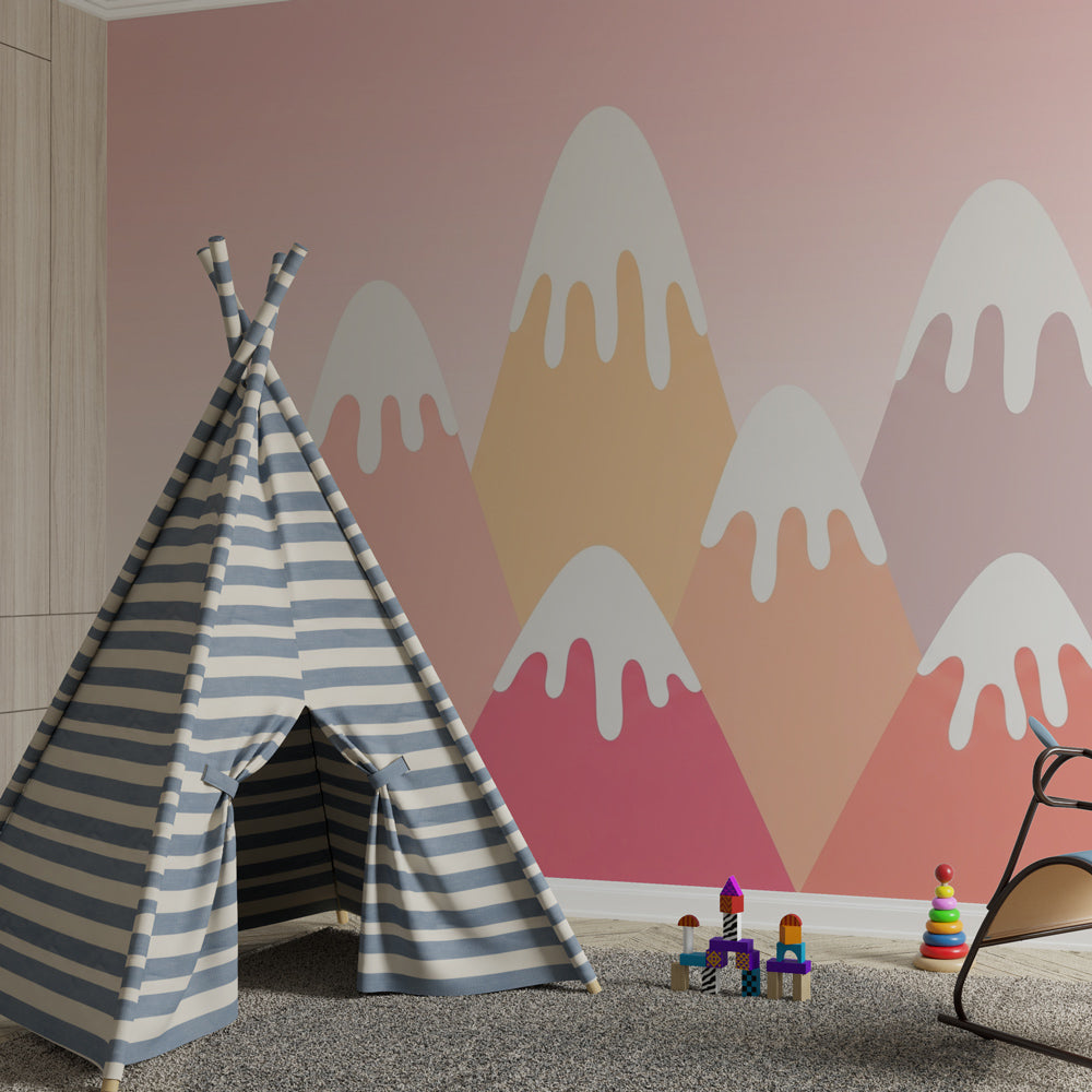 Pastel mountain mural wallpaper transforming toddler room into magical adventure space