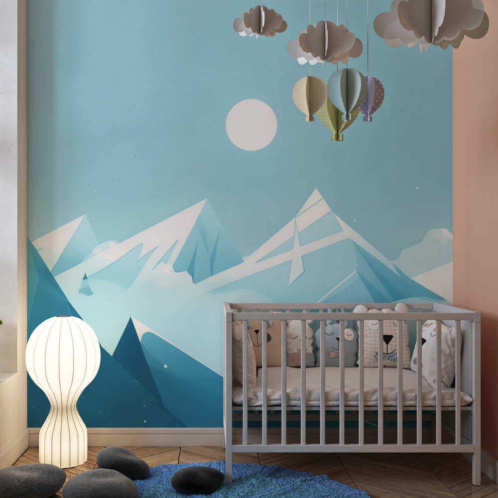 Azure mountain mural wallpaper transforming modern kids room interior design