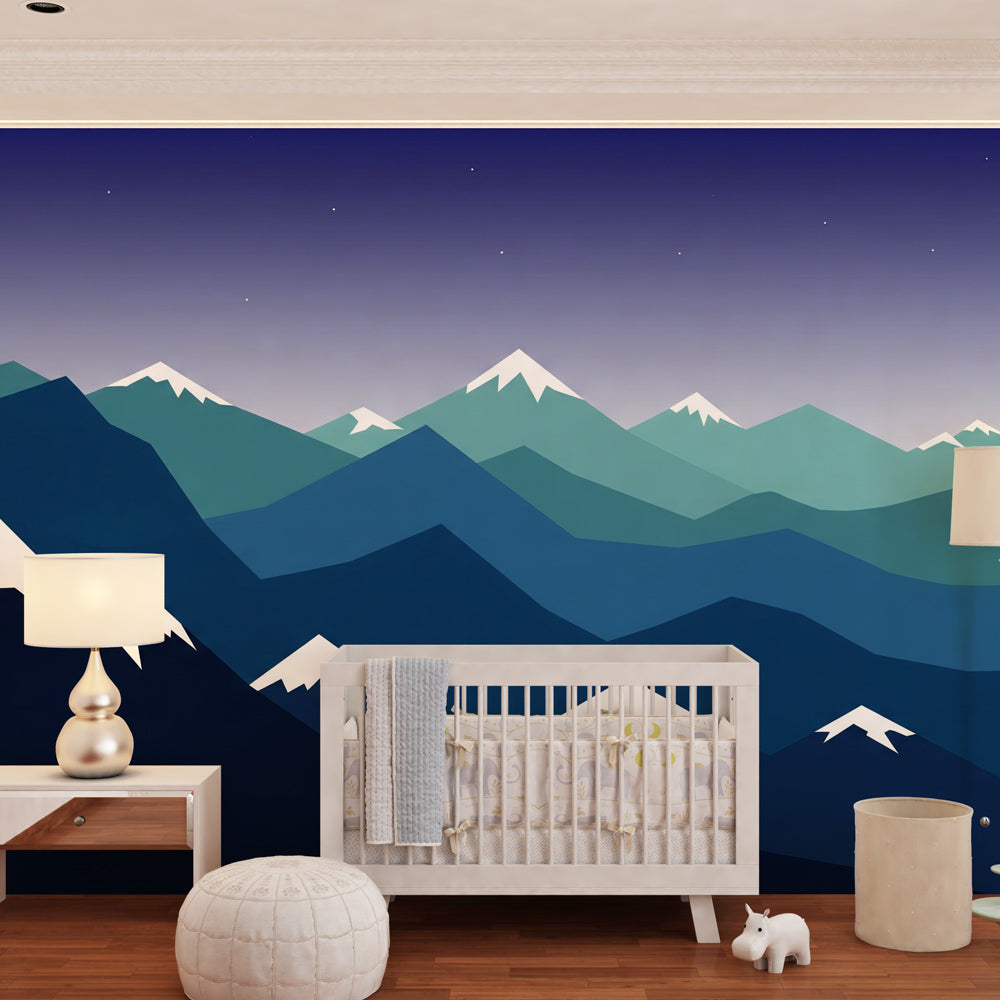 Alpine mountain mural wallpaper creating serene children's bedroom with celestial elements