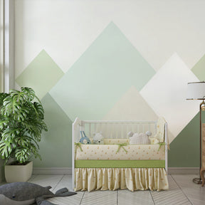 Nordic mountain wallpaper creating serene kids bedroom with geometric pastel design