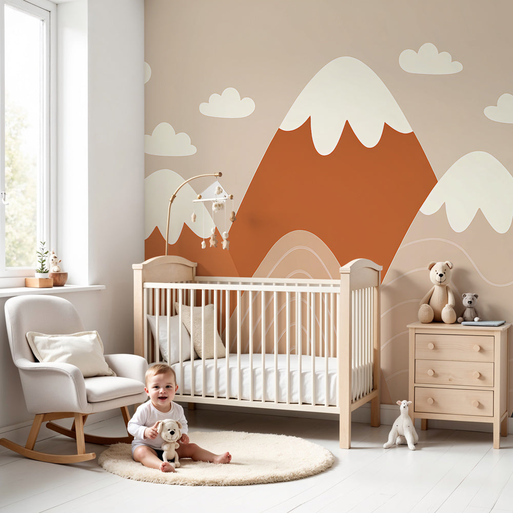 Soft mountain mural wallpaper with gentle peaks creating serene nursery decor by Kids-Mundo