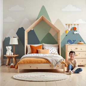 Gentle mountain mural wallpaper creating peaceful nursery atmosphere with green blue peaks by Kids-Mundo