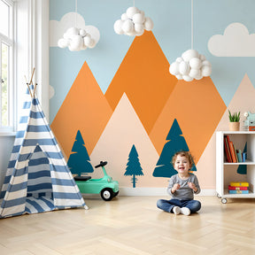 Colorful mountain mural wallpaper in modern nursery with blue sky and orange peaks by Kids-Mundo