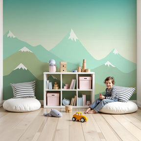 Mountain mural wallpaper with gentle peaks decorating a peaceful kids nursery by Kids-Mundo