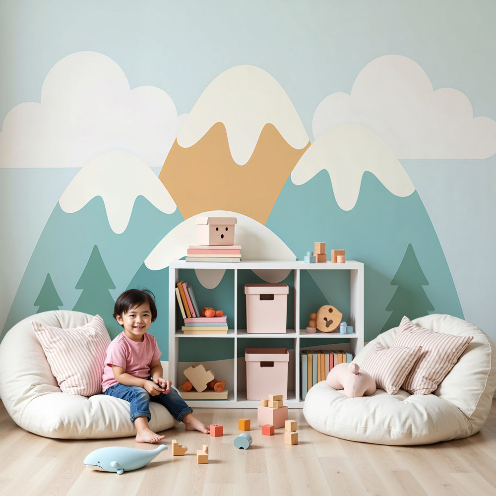 Soft mountain peaks mural wallpaper in modern nursery with natural wood furniture by Kids-Mundo