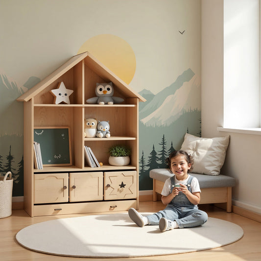 Mountain mural wallpaper with golden sun creating serene atmosphere in modern nursery by Kids-Mundo