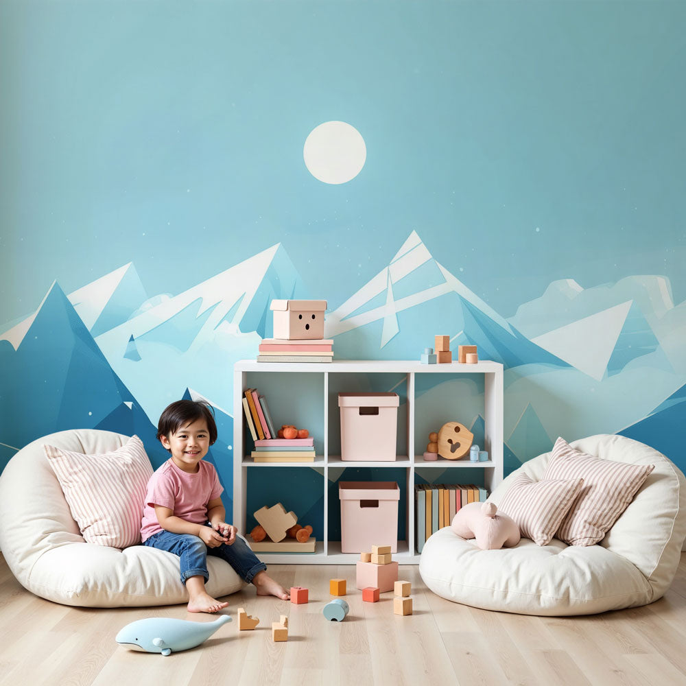 Geometric mountain mural wallpaper with azure sky in modern nursery by Kids-Mundo