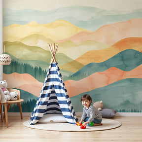 Pastel mountain mural wallpaper creating serene nursery atmosphere with watercolor landscape by Kids-Mundo