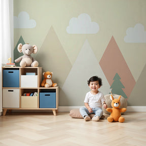Pastel mountain mural wallpaper with soft clouds in modern children's nursery by Kids-Mundo