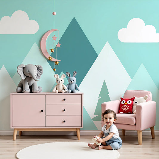 Pastel mountain mural wallpaper in modern nursery with white clouds and geometric peaks by Kids-Mundo