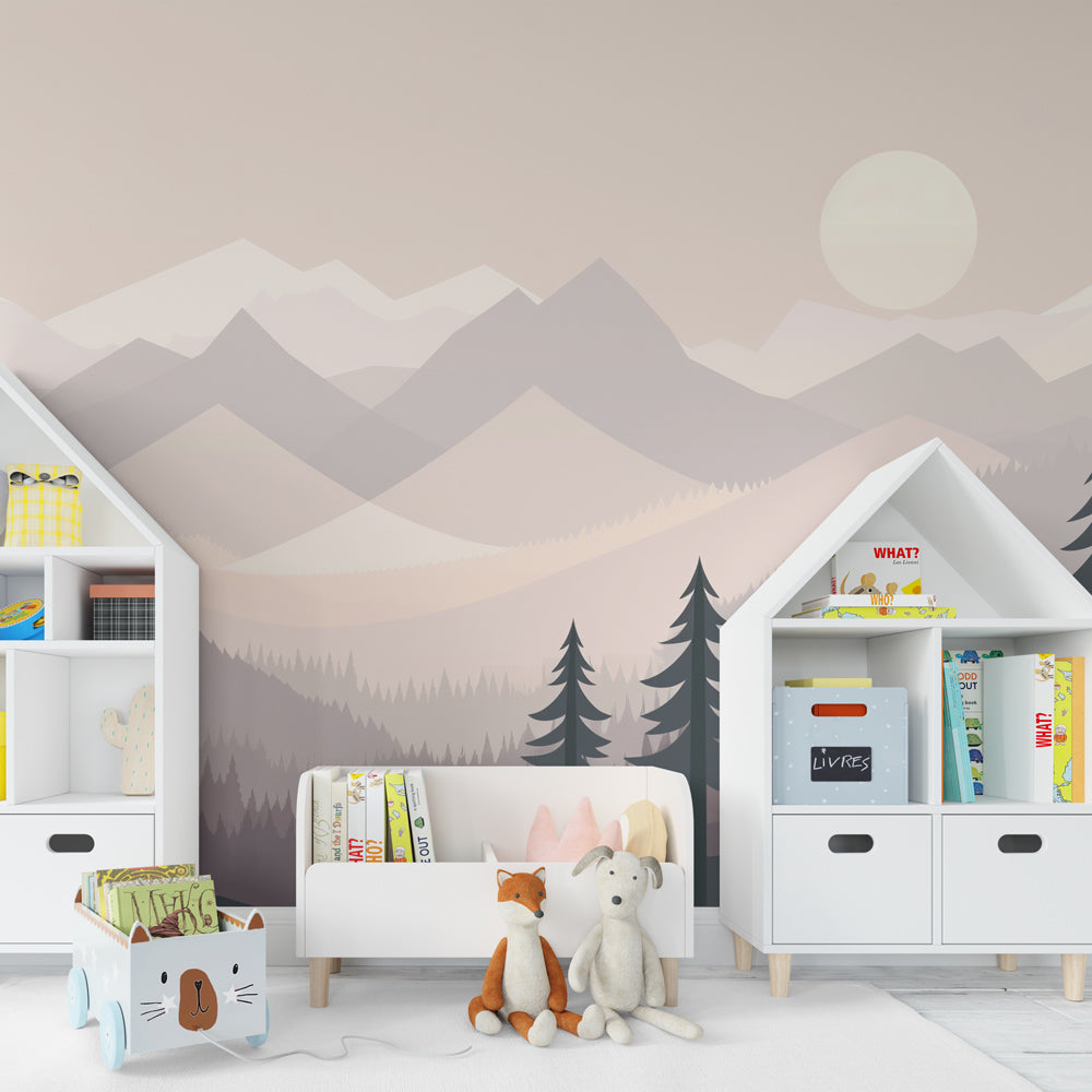 Pastel mountain mural wallpaper for calming children's playroom by Kids-Mundo