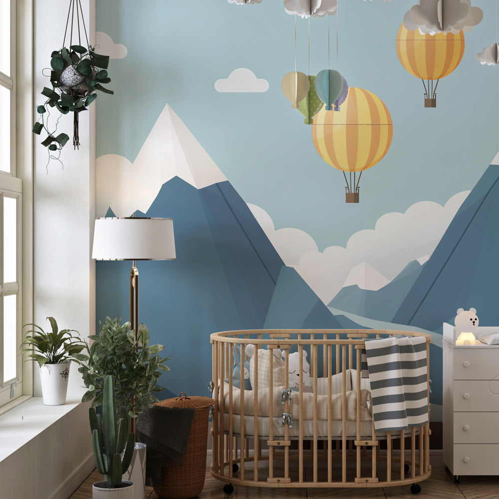 Hot air balloon mountain wallpaper transforming children's playroom into adventure space