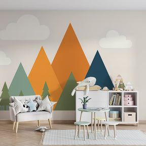 Nature-inspired mountain wallpaper transforming children's playroom into outdoor sanctuary