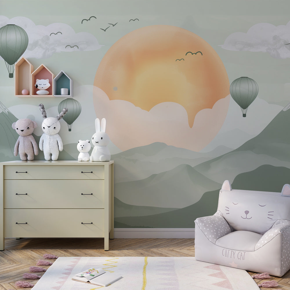 Hot air balloon mountain wallpaper transforming kids playroom into adventure space