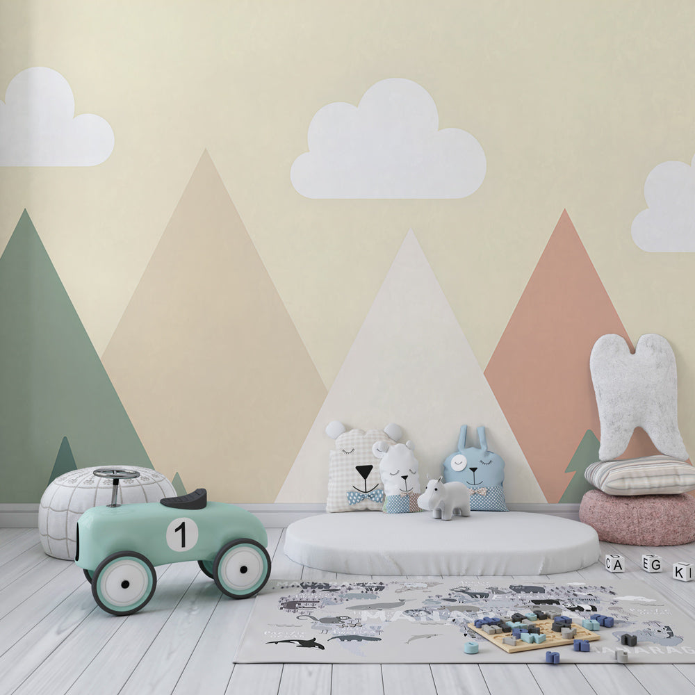 Gentle mountain peaks wallpaper transforming children's playroom into peaceful retreat space