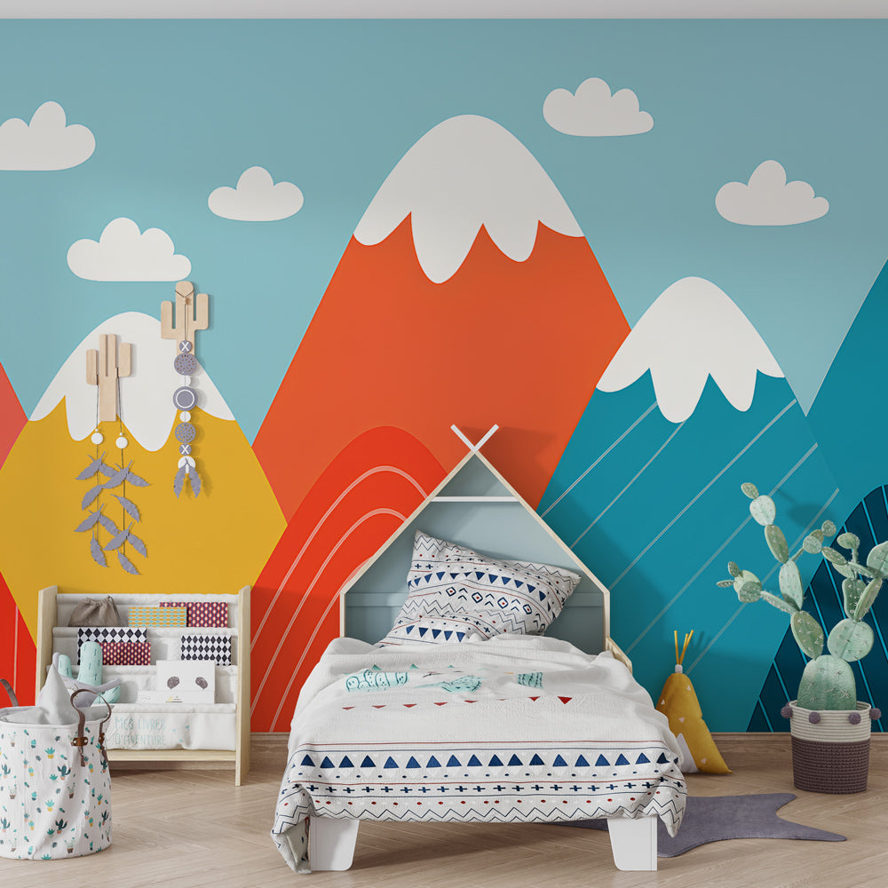 Geometric mountain wallpaper with blue sky and clouds in children's playroom