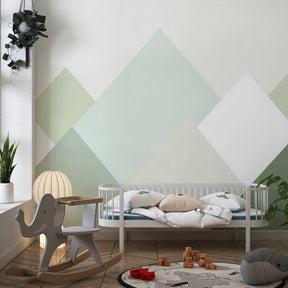 Pastel geometric mountain wallpaper transforming modern children's playroom space