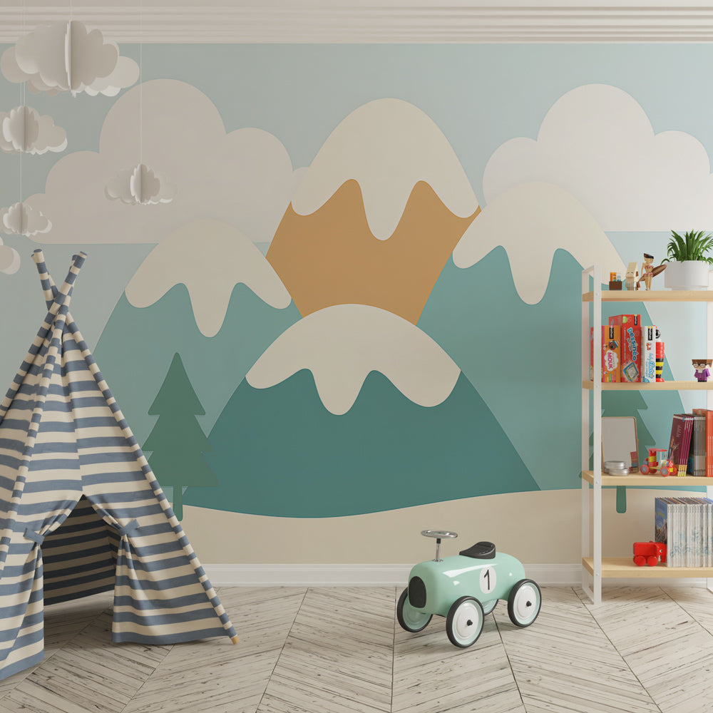 Mountain themed mural wallpaper transforming children's playroom with peaceful blue sky backdrop