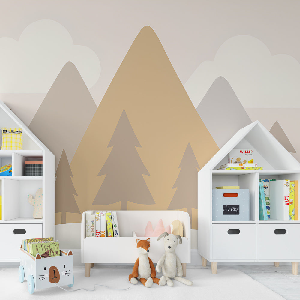 Nature-themed mountain wallpaper with pine trees in cozy kids playroom setting
