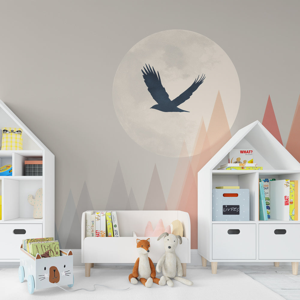 Mountain mural wallpaper with bird motif transforming kids playroom into nature retreat