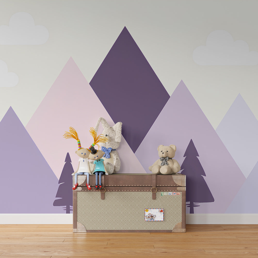 Nature-themed mountain wallpaper transforming kids playroom into peaceful mountain retreat