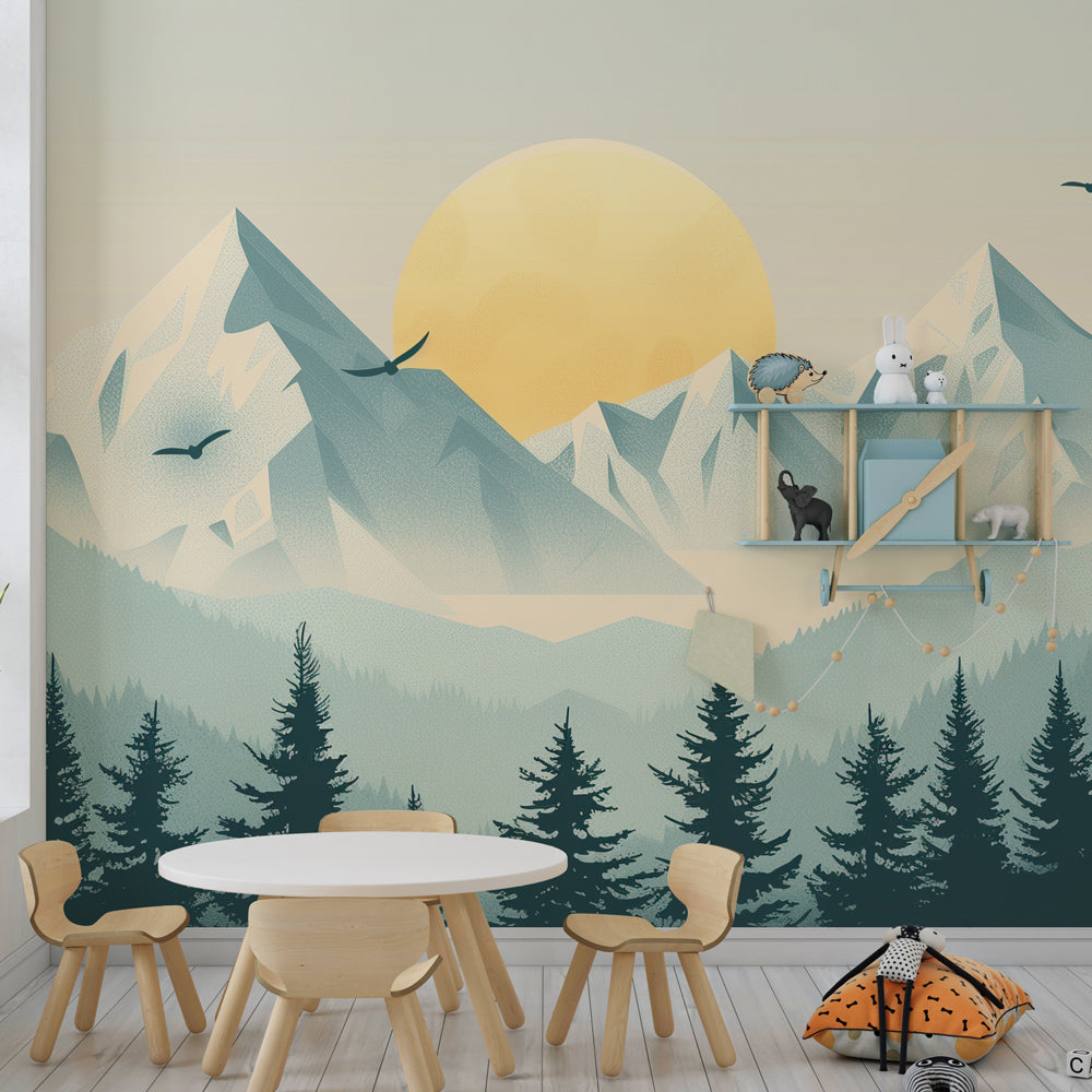 Blue mountain landscape mural wallpaper creating peaceful playroom atmosphere by Kids-Mundo