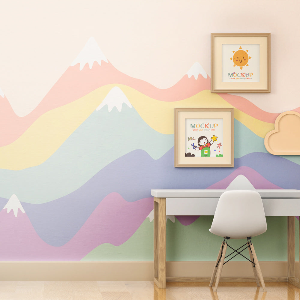 Mountain mural wallpaper with pastel rainbow colors transforming toddler room decor