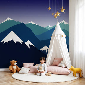 Mountain mural wallpaper with starry sky creating peaceful bedroom atmosphere by Kids-Mundo