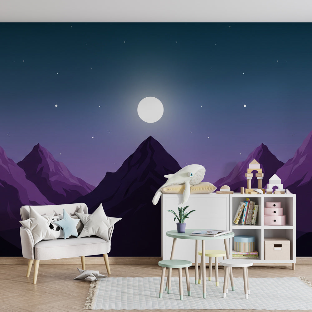 Purple mountain wallpaper with stars transforming kids bedroom into magical space